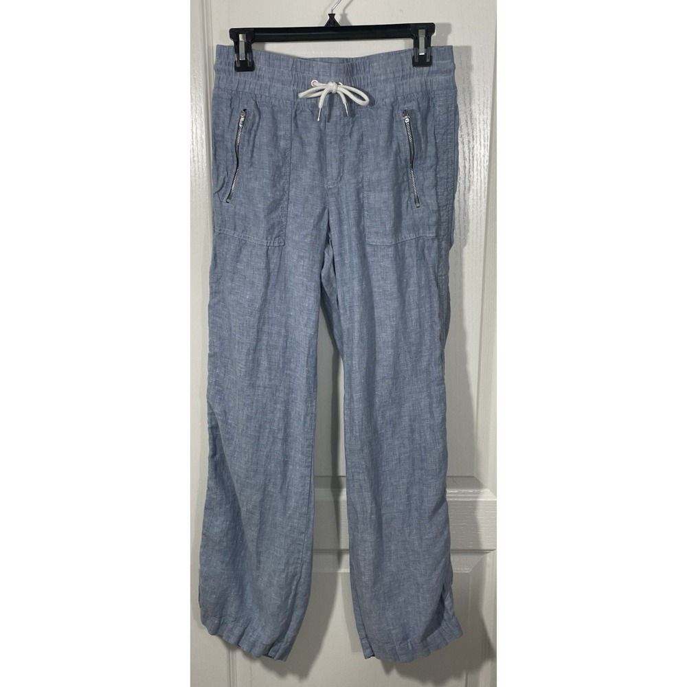 Athleta Cabo Linen Wide Leg Pant 2 Blue Lagenlook Coastal Beach Resort Pull On